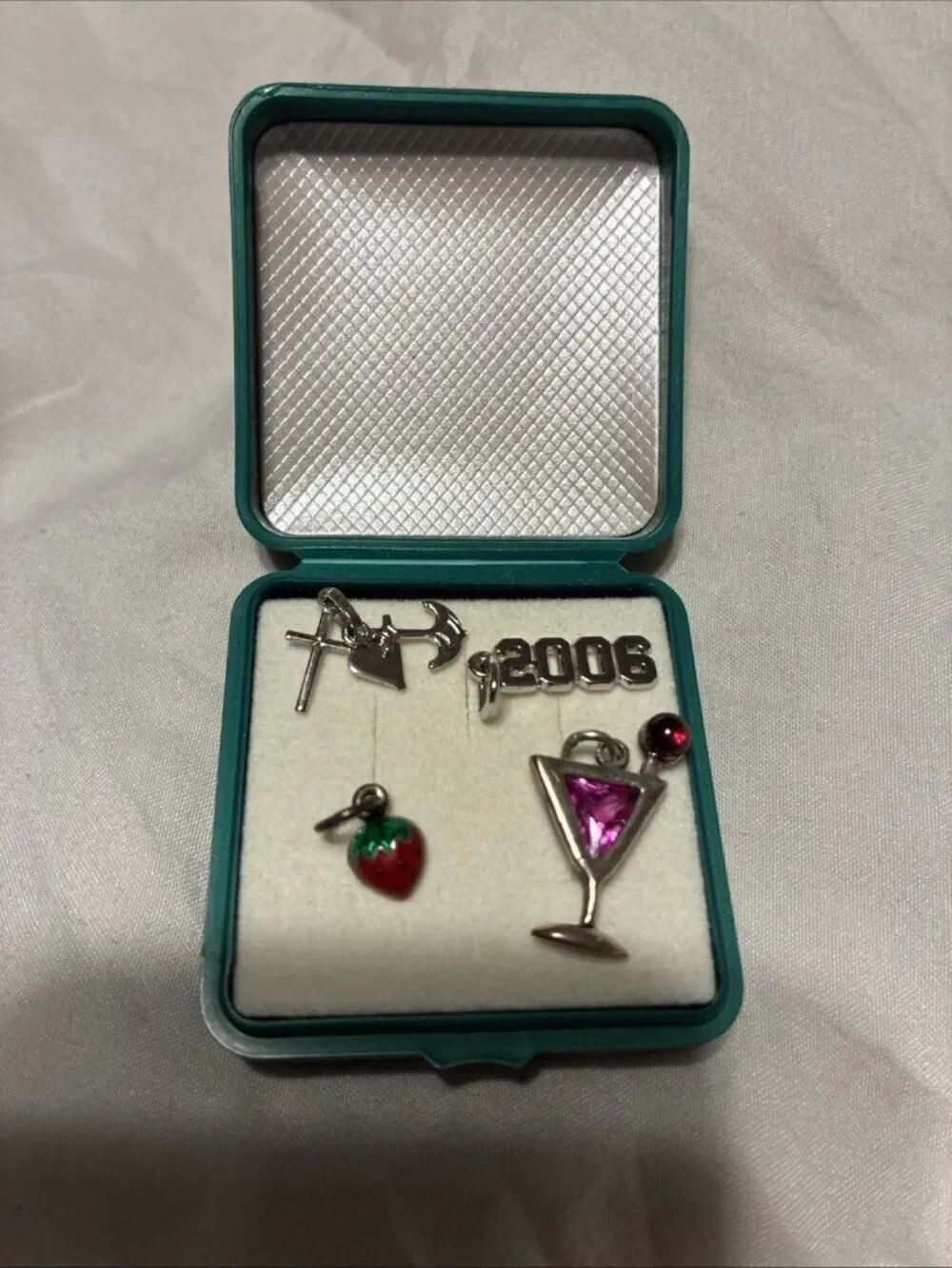 826 Silver Vintage charms Bracelet Cross Strawberry Martini Heart Lot 4 Set